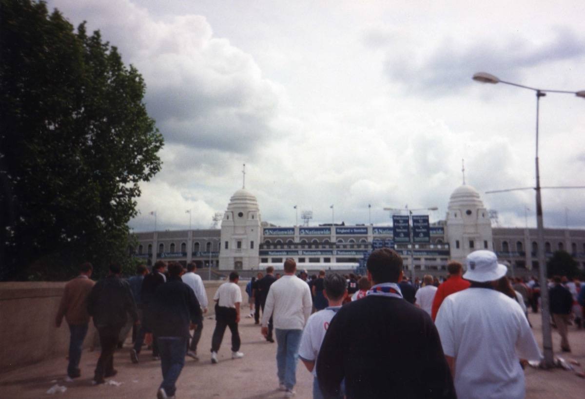 The twin white towers at the front of the old Wembley Stadium
