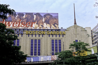 The front of the Boston Garden, with its name in yellow letters under a large billboard