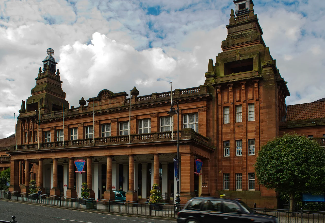 Red sandstone exterior of Kelvin Hall in Glasgow, photographed in 2011