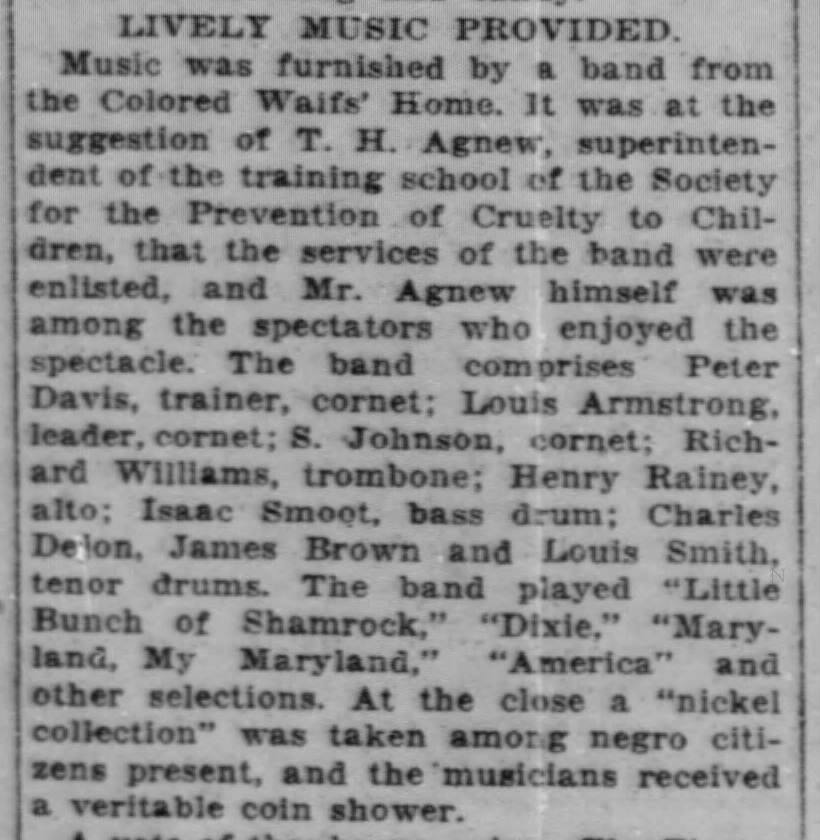 A 1913 newspaper column listing the Colored Waifs’ Home band, with Louis Armstrong as leader on cornet