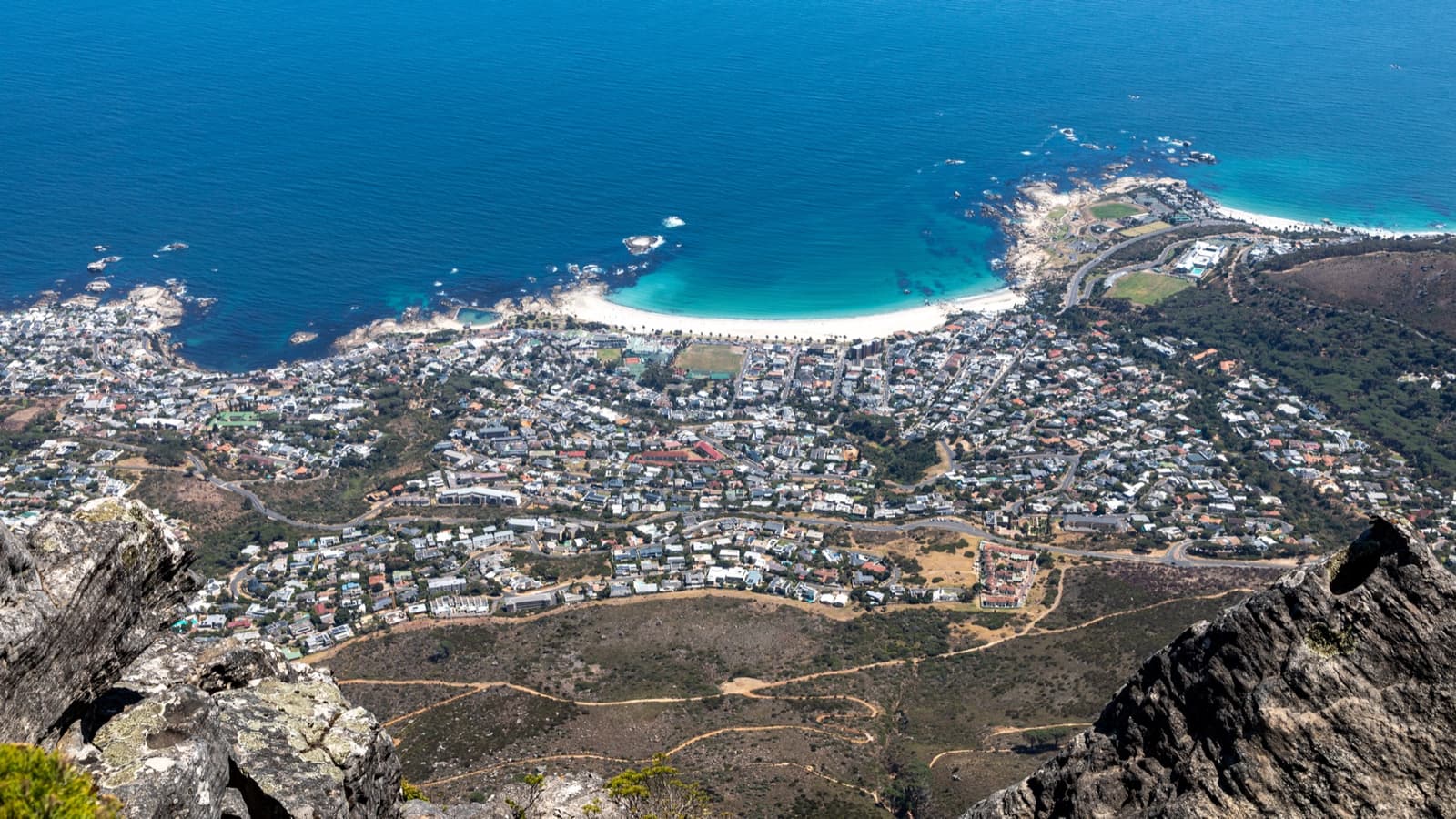 The Cape Town suburb of Camps Bay and its white beach seen from high on Table Mountain