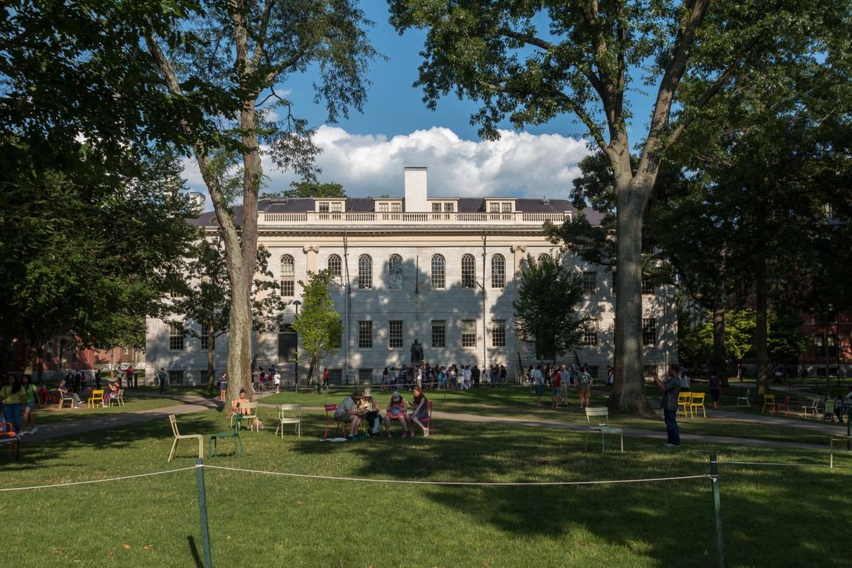 A lawn under tall trees with people on chairs and a pale classical building beyond