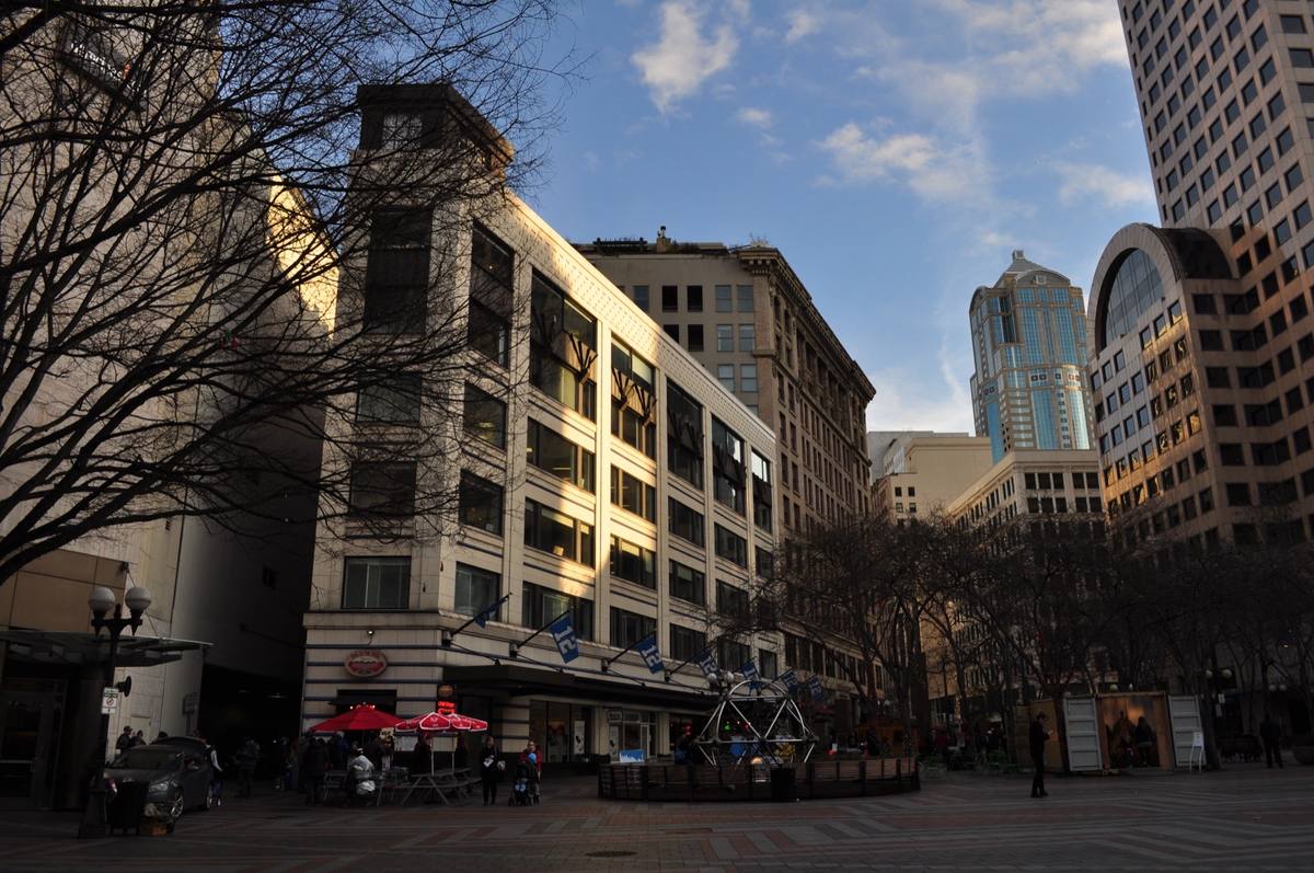 A paved downtown square with bare trees and red umbrellas among tall buildings