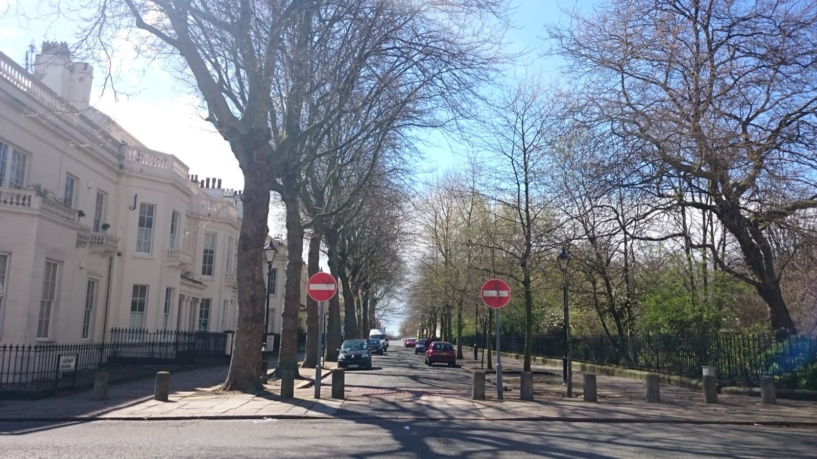 A tree-lined Georgian square with pale stucco houses