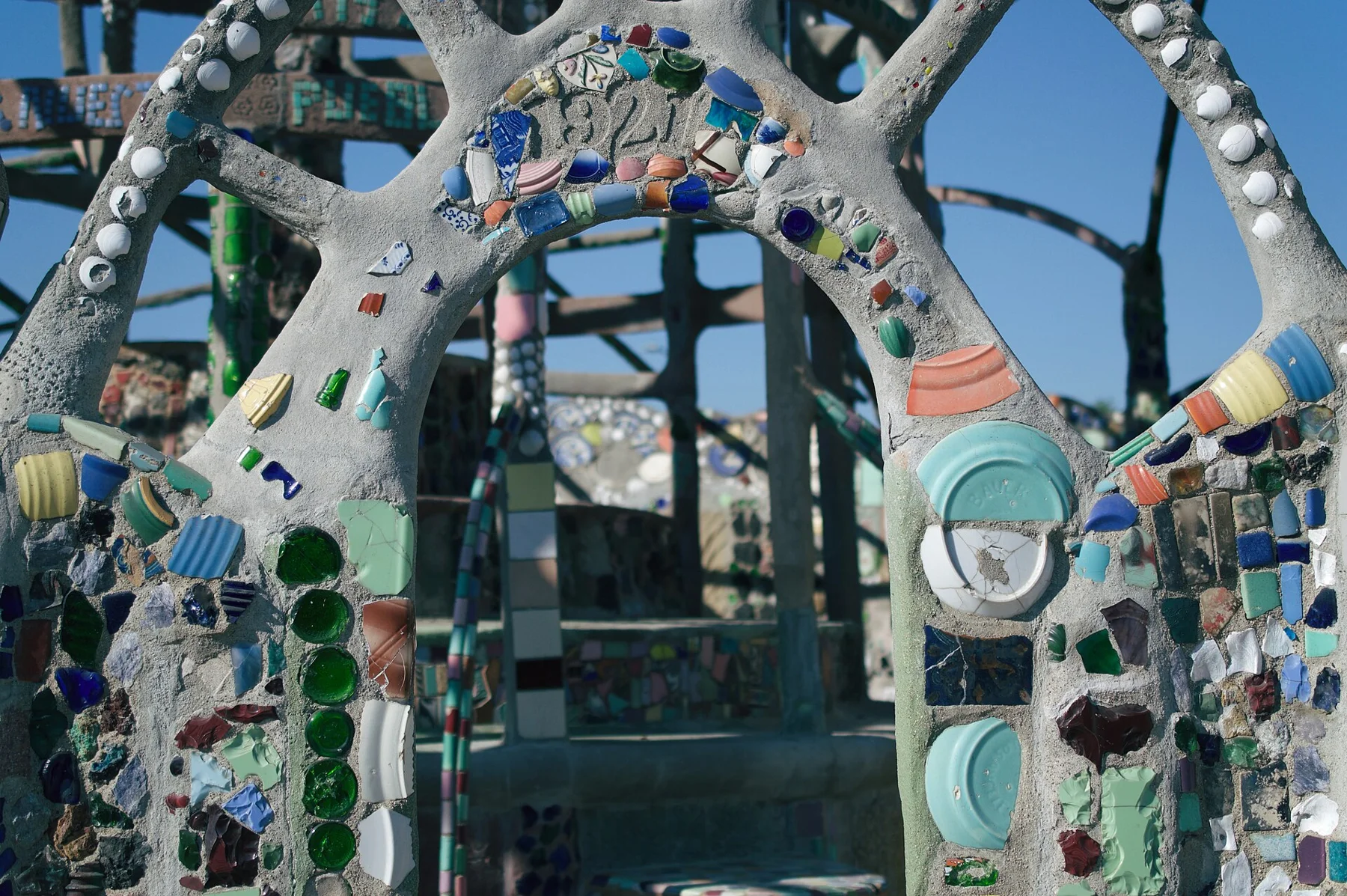 Mosaic-covered arches and towers at Watts Towers.